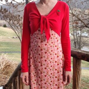 Red and Pink Strawberry Shortcake Print Dress with Attached Long Sleeve Cardigan